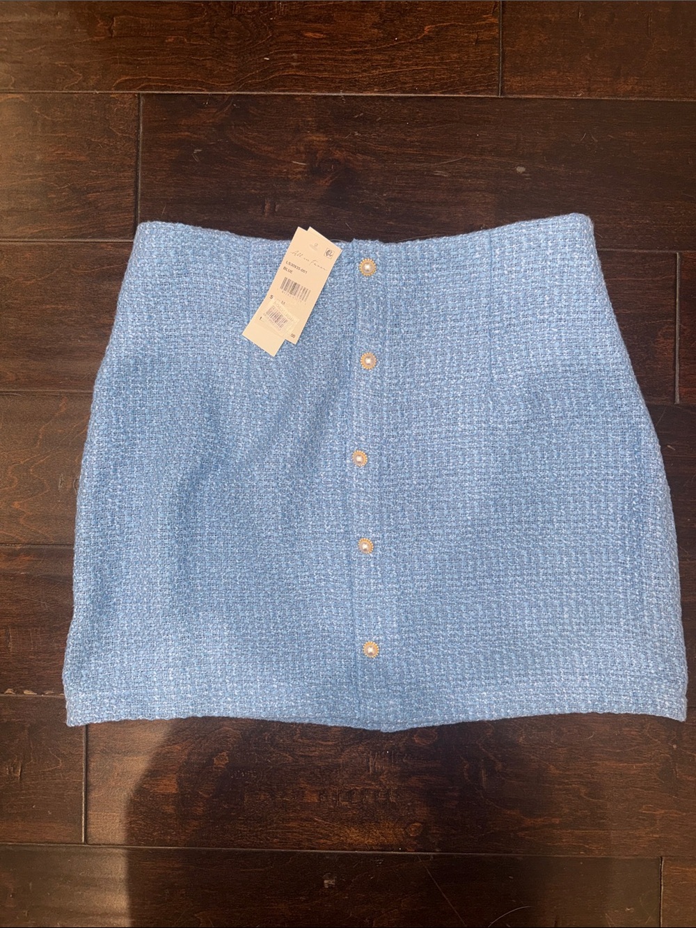 All in Favor Light Blue Tweed Button-Front Mini Skirt